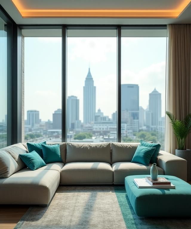 Modern compact living room in Atlanta featuring a stylish modular sofa and clever storage