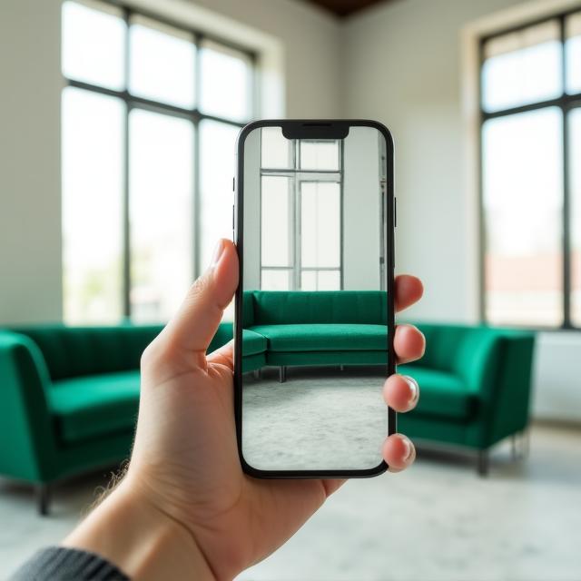 Person using smartphone to visualize 3D sofa in a modern Atlanta living room