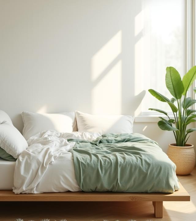 Modern minimal bedroom with organic linens and oak wood bed frame