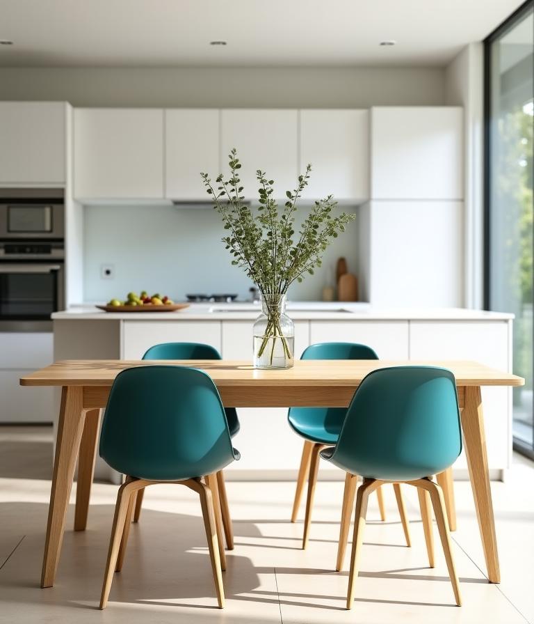 Modern minimalist dining set with oak table and teal chairs