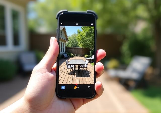User using a smartphone to visualize a patio set on their own deck using AR technology