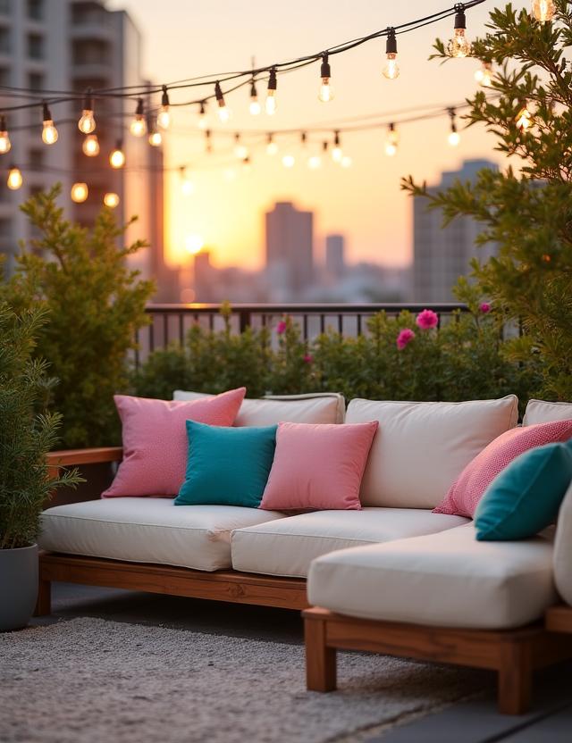 Modern patio setting with weather-resistant acacia wood furniture in an Atlanta rooftop garden