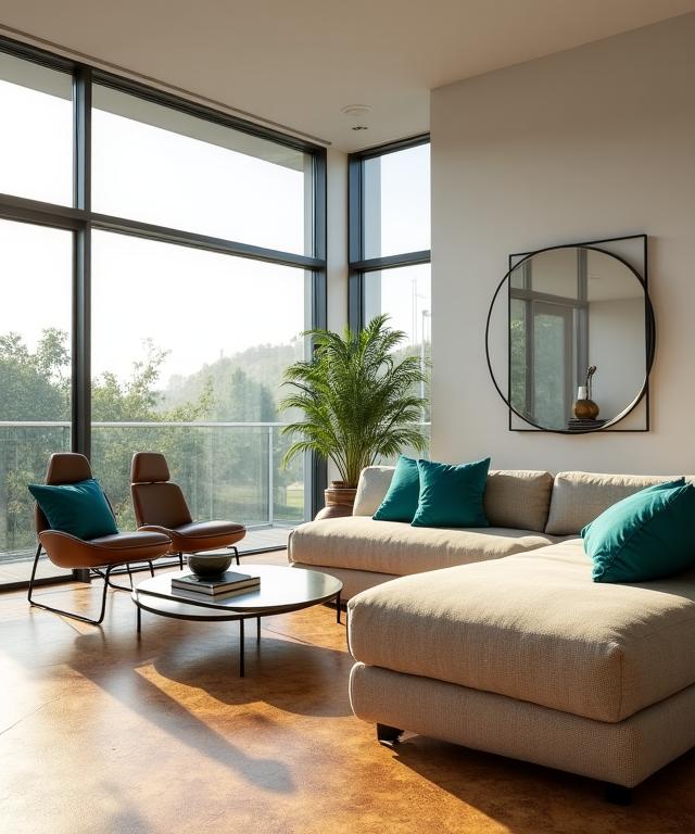 Bright modern living room with sustainable cork flooring and recycled textile pillows
