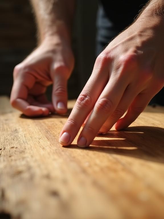 Close-up of hands touching raw, untreated FSC certified wood