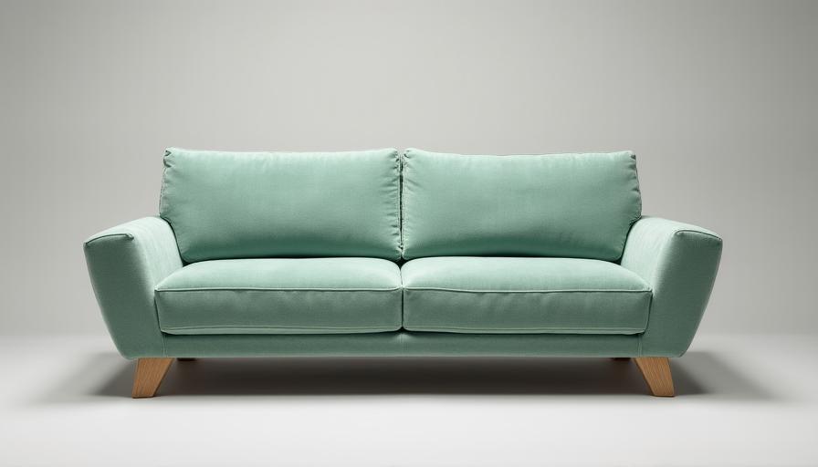 Sofa made from recycled fabric in a light teal hue